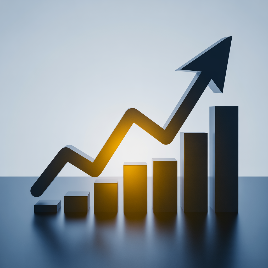 Business growth analytics with buildings and upward trending arrow graph